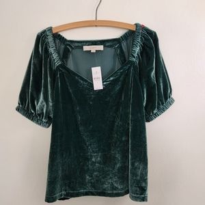 Loft Dark Green Short Sleeve Velour Top. NWT